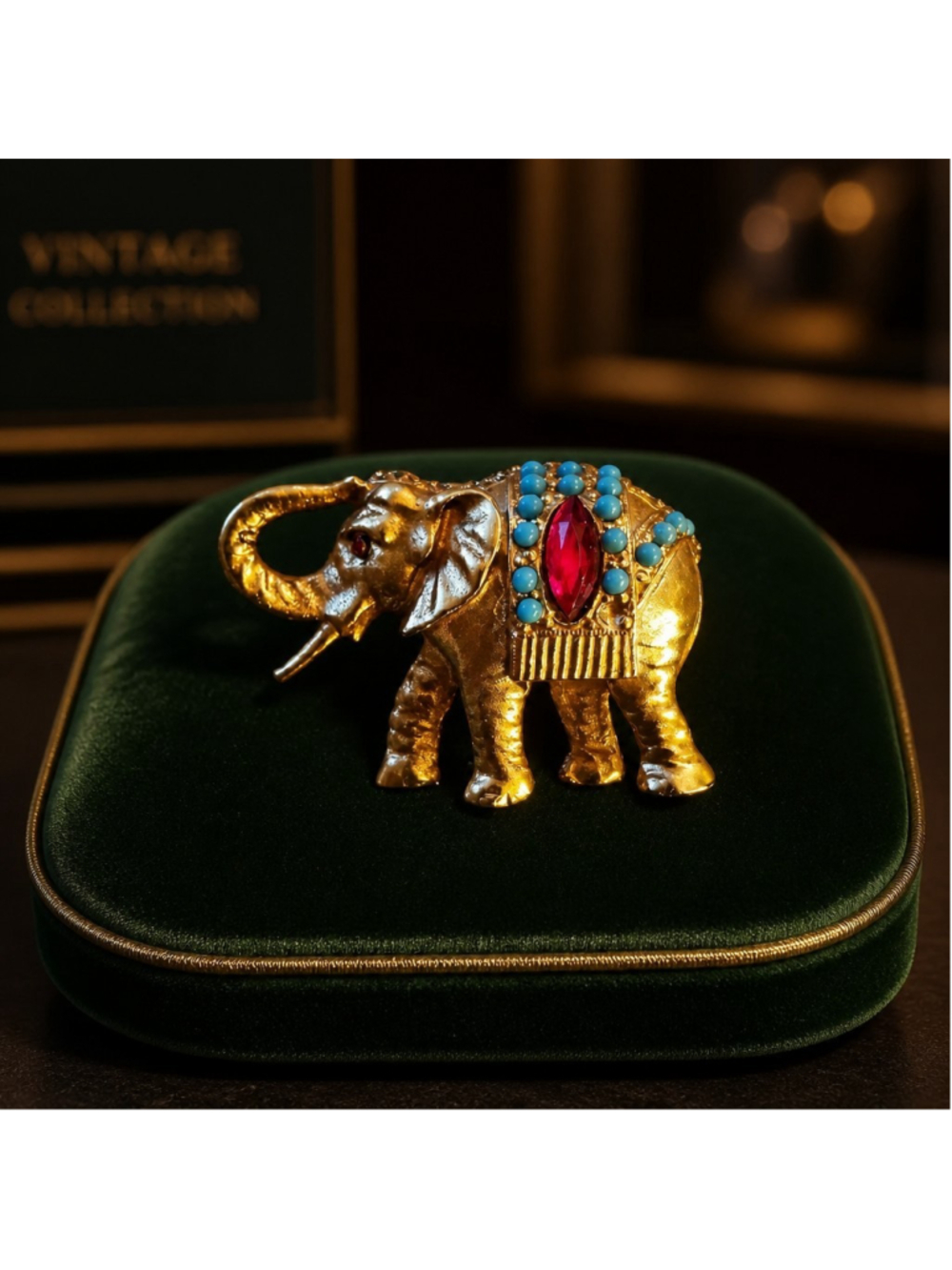 Vintage red and blue Jeweled Beaded Elephant Gold Tone Brooch Pin